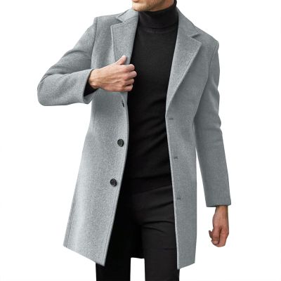 ZHUER Mens Trench Coat Mid-Length Woolen Coat Winter Slim Fit Single Breasted Pea Coat Long Sleeve Casual Business Overcoat C- Grey
