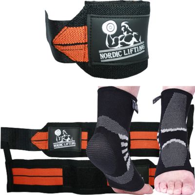 Nordic Lifting Wrist Wraps 1p - Orange Bundle with Ankle Compression Sleeves XLarge