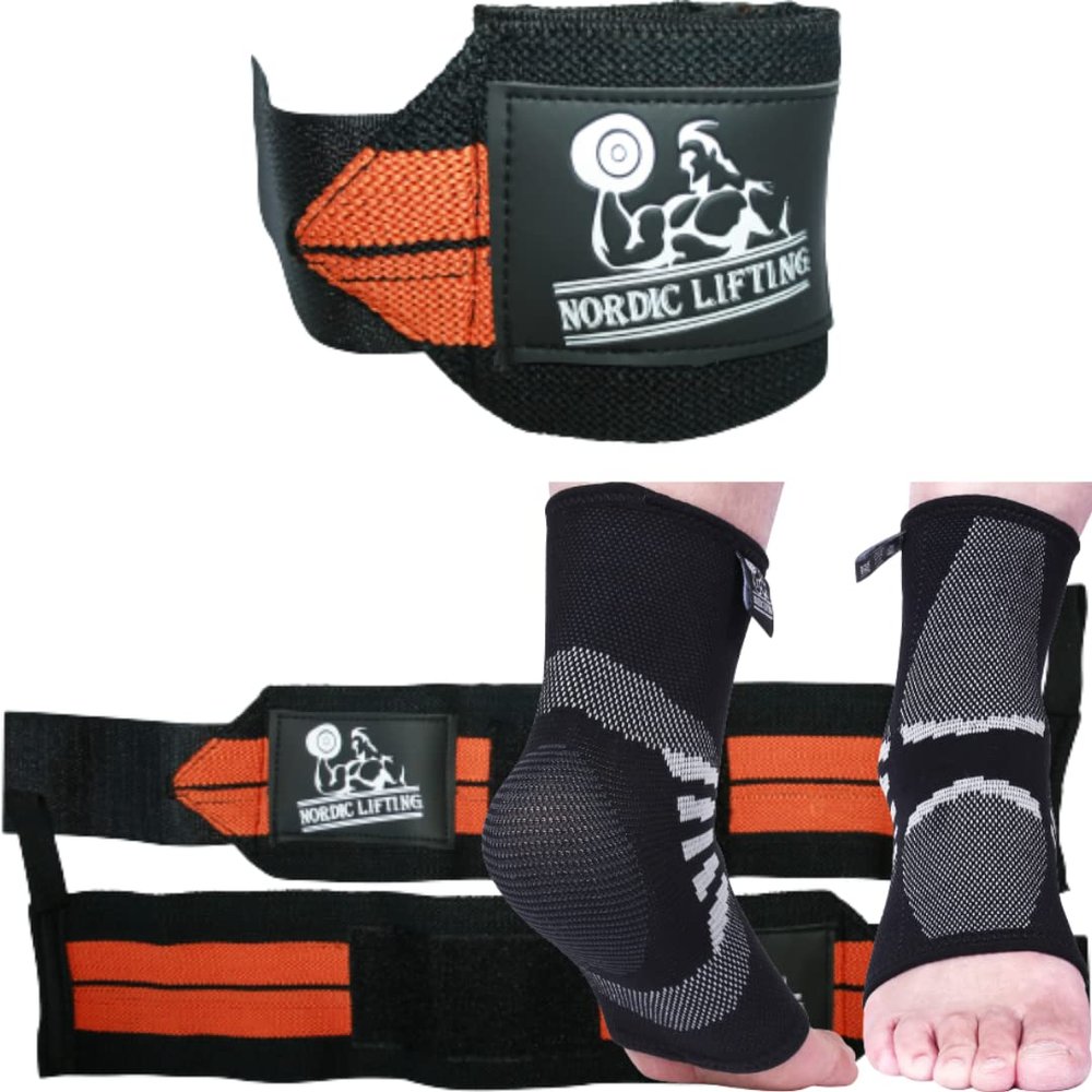 Nordic Lifting Wrist Wraps 1p - Orange Bundle with Ankle Compression Sleeves XLarge