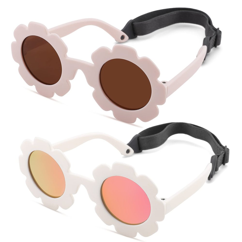 Hycredi Flexible Bendable Flower Baby Polarized Sunglasses with Strap Cute Shades for Newborn Infant Boys Girls Age 0-24 Months-White/Purple Red Mirror+Beige White/Brown