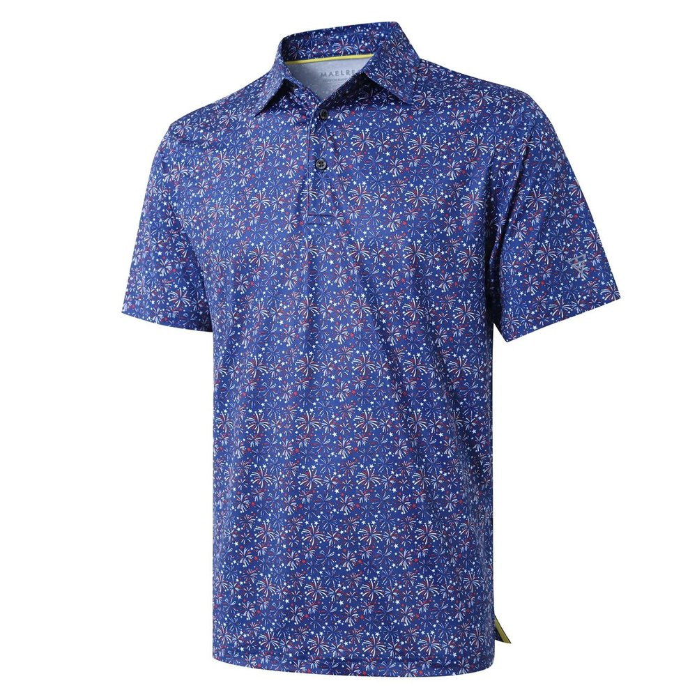 Men's Golf Shirts Dry Fit Short Sleeve Print Performance Moisture Wicking Patterned Polo Shirt for Men Navy Patriotic Firework