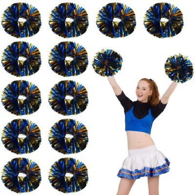 WILLBOND 12pcs Cheerleading Pom Poms Bulk Metallic Foil Cheerleader Pompoms with Baton Handle for Football Basketball Cheering Squad Team Game Sports Dance Party Outfit (Gold and Blue)