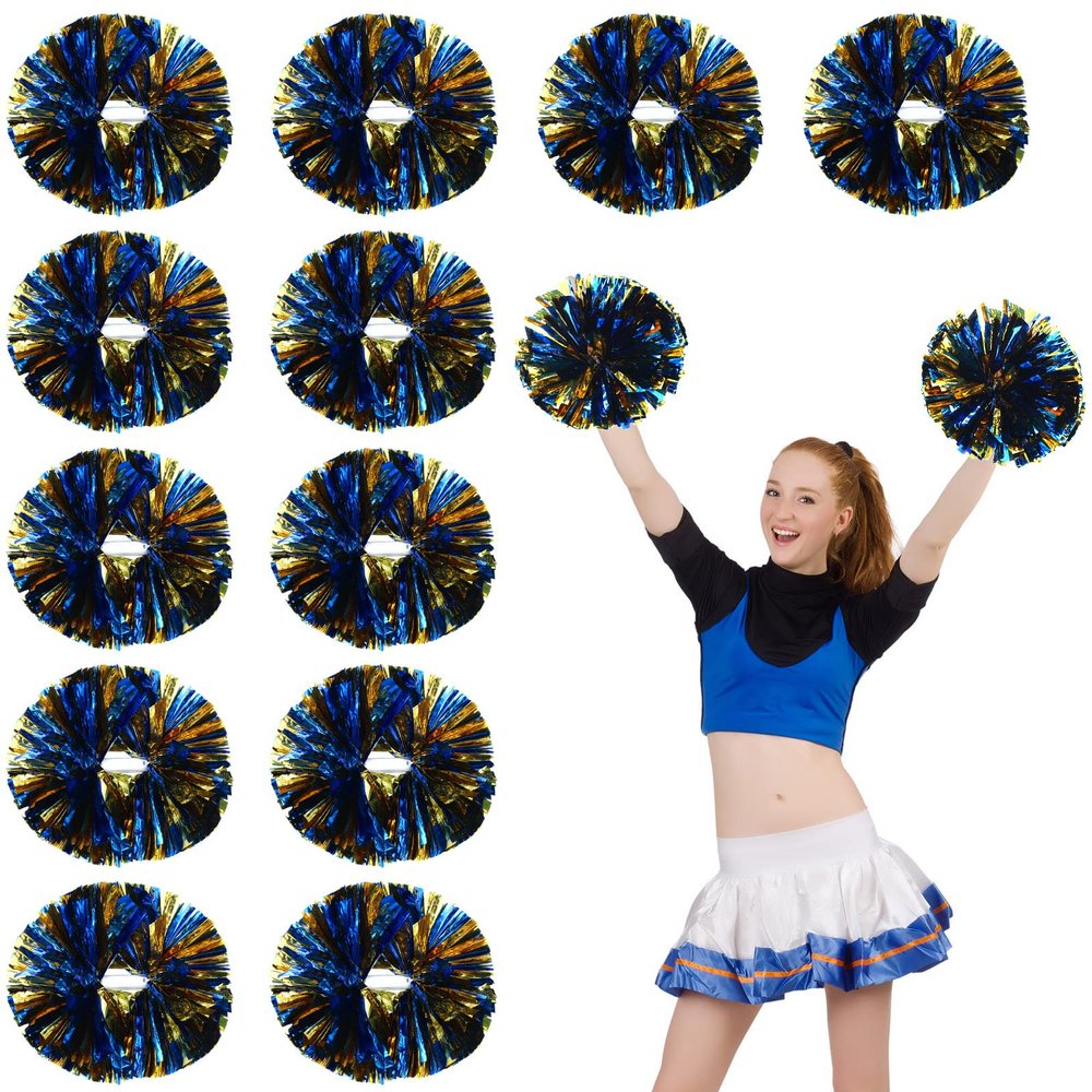 WILLBOND 12pcs Cheerleading Pom Poms Bulk Metallic Foil Cheerleader Pompoms with Baton Handle for Football Basketball Cheering Squad Team Game Sports Dance Party Outfit (Gold and Blue)