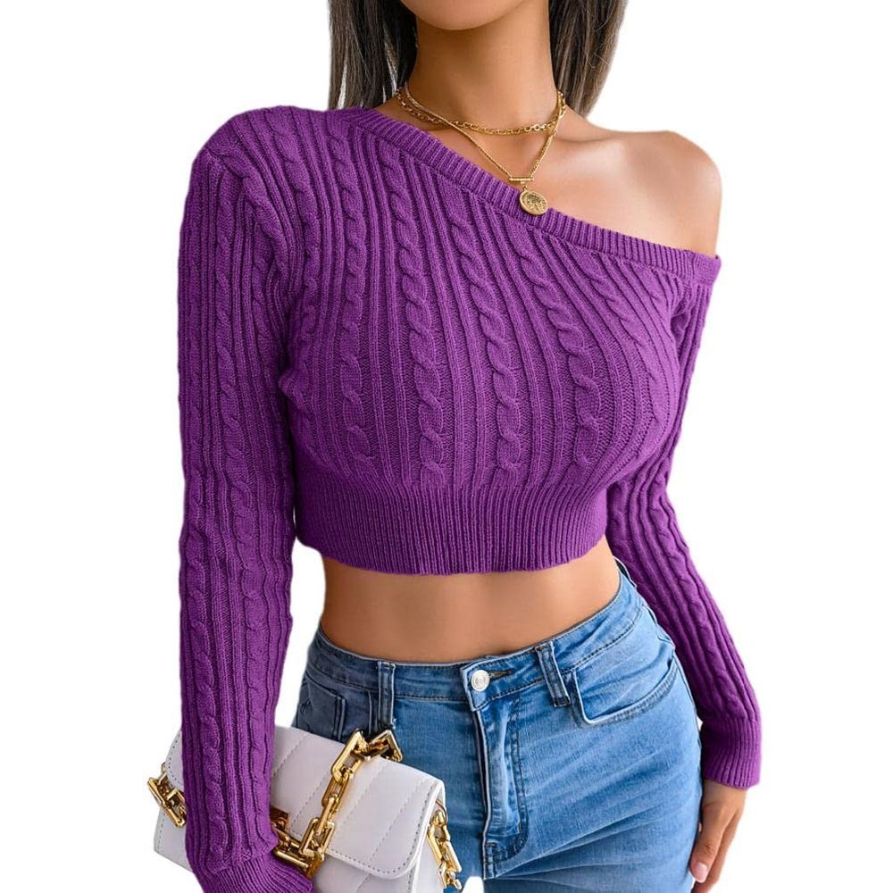 bbpawing Women's Sexy Off Shoulder Deep V Neck Ribbed Knit Slim Wrap Tee Shirt Blouse Purple