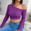 bbpawing Women's Sexy Off Shoulder Deep V Neck Ribbed Knit Slim Wrap Tee Shirt Blouse Purple view 3