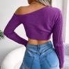 bbpawing Women's Sexy Off Shoulder Deep V Neck Ribbed Knit Slim Wrap Tee Shirt Blouse Purple view 4