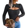 bbpawing Women's Cutout Long Sleeve Tops Mock Neck Knit Ribbed Fall Sexy Fitted Pullover Sweaters Black view 1