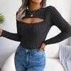bbpawing Women's Cutout Long Sleeve Tops Mock Neck Knit Ribbed Fall Sexy Fitted Pullover Sweaters Black view 2
