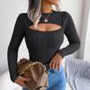 bbpawing Women's Cutout Long Sleeve Tops Mock Neck Knit Ribbed Fall Sexy Fitted Pullover Sweaters Black view 3