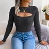 bbpawing Women's Cutout Long Sleeve Tops Mock Neck Knit Ribbed Fall Sexy Fitted Pullover Sweaters Black view 4