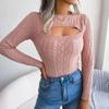 bbpawing Women's Cutout Long Sleeve Tops Mock Neck Knit Ribbed Fall Sexy Fitted Pullover Sweaters Pink view 2