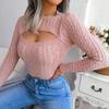 bbpawing Women's Cutout Long Sleeve Tops Mock Neck Knit Ribbed Fall Sexy Fitted Pullover Sweaters Pink view 3