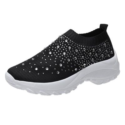 HINDOLA Women's Walking Shoes Lightweight Flats Athletic Running Shoes Rhinestone Non Slip Tennis Sneakers Black