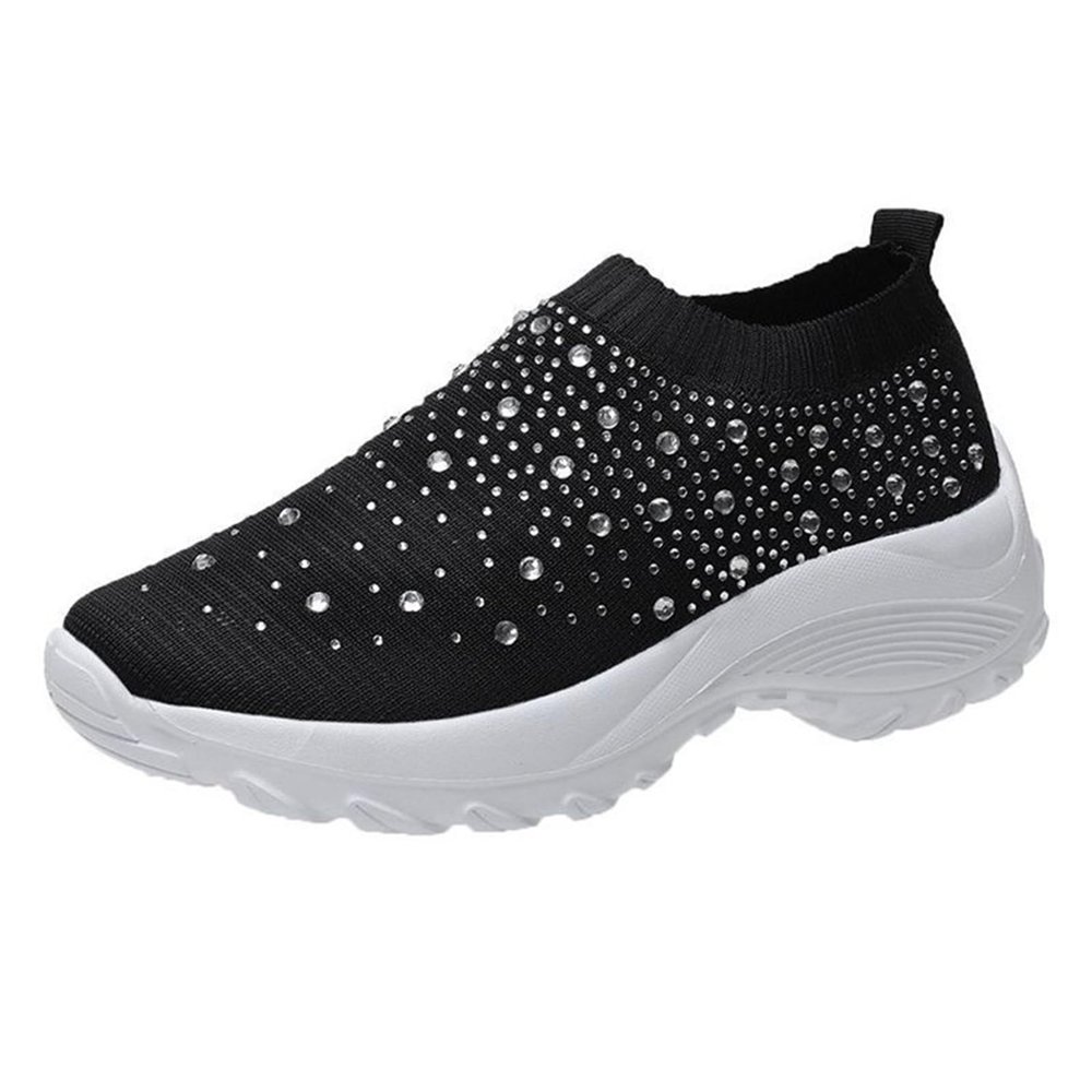 HINDOLA Women's Walking Shoes Lightweight Flats Athletic Running Shoes Rhinestone Non Slip Tennis Sneakers Black