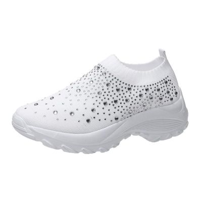 HINDOLA Women's Walking Shoes Lightweight Flats Athletic Running Shoes Rhinestone Non Slip Tennis Sneakers White