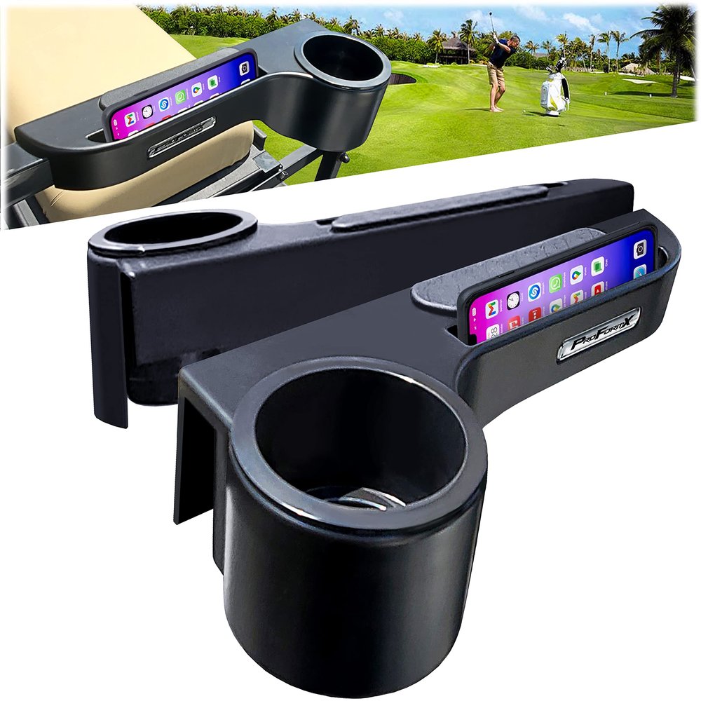 Golf Cart Armrest for Golf Cart Rear Seat Kit - Black Golf Cart Arm Rest with Cup Holder for Club Car Yamaha and EZGO Golf Cart Accessories - Golf Cart Phone Holder with Golf Cart Cup Holders