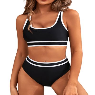BMJL Womens Swimsuit High Waisted Sporty 2 Piece Bathing Suit(S,Black)