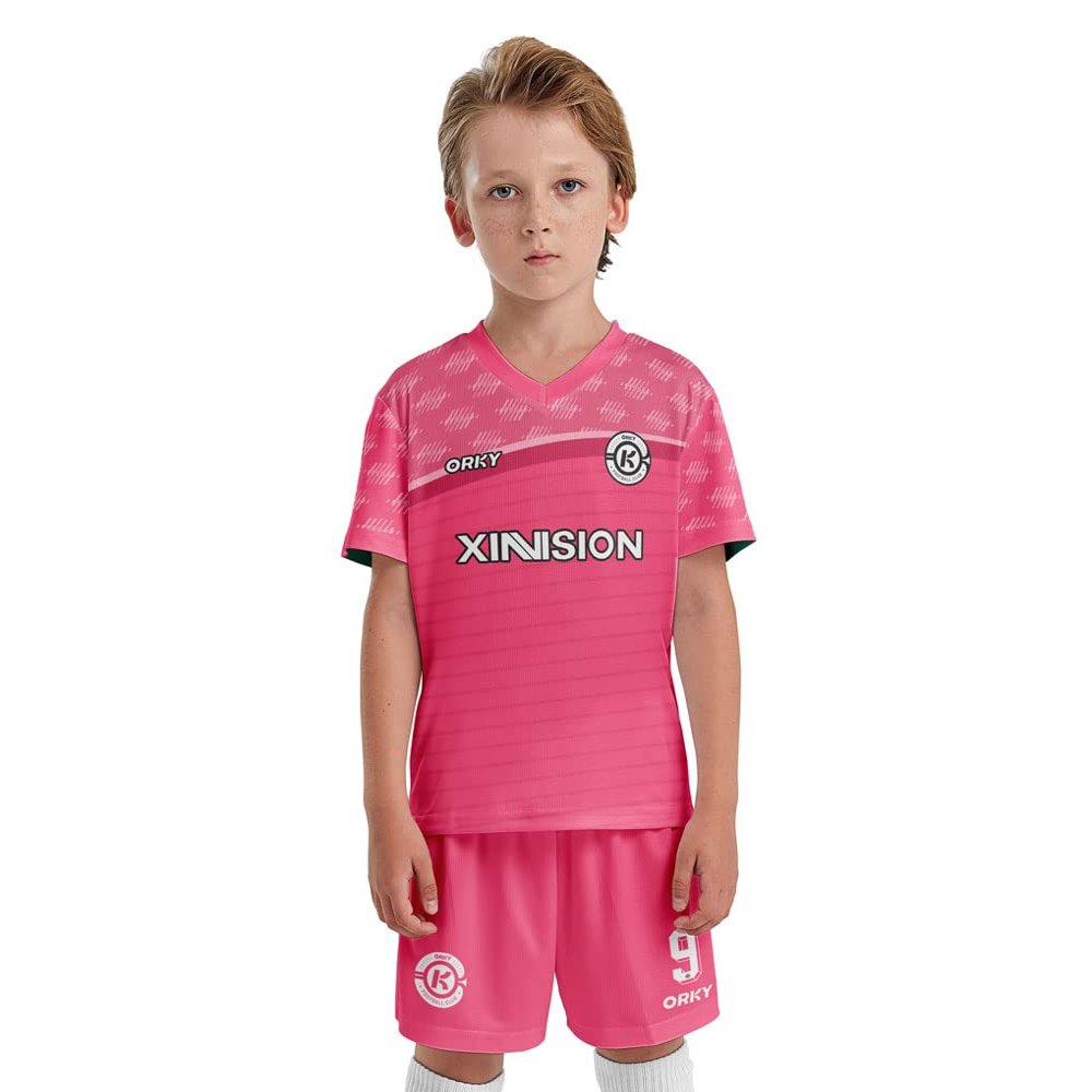 ORKY Kid Customize Soccer Jersey, Quick Dry Sublimation Boy Futbol Shirt Short Set, Personalize Name Girl Team Uniform Freeze(Pink160cm)