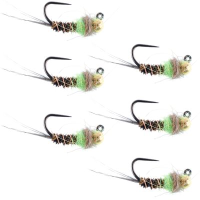 The Fly Fishing Place Tungsten Bead Hot Spot Pheasant Tail Tactical Jig Chartreuse Czech Nymph Euro Nymphing Fly - 6 Flies Size 12
