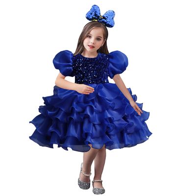 DreamHigh Girls Sequined Flower Party Ball Dress Big Bow Headband Special Dress (5-6 Years, Royal Blue)