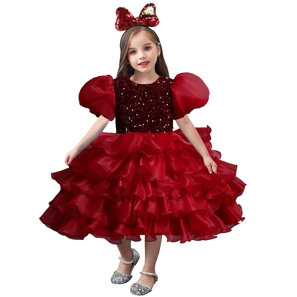 DreamHigh Girls Sequined Flower Party Ball Dress Big Bow Headband Special Dress (2 Years, Burgundy)