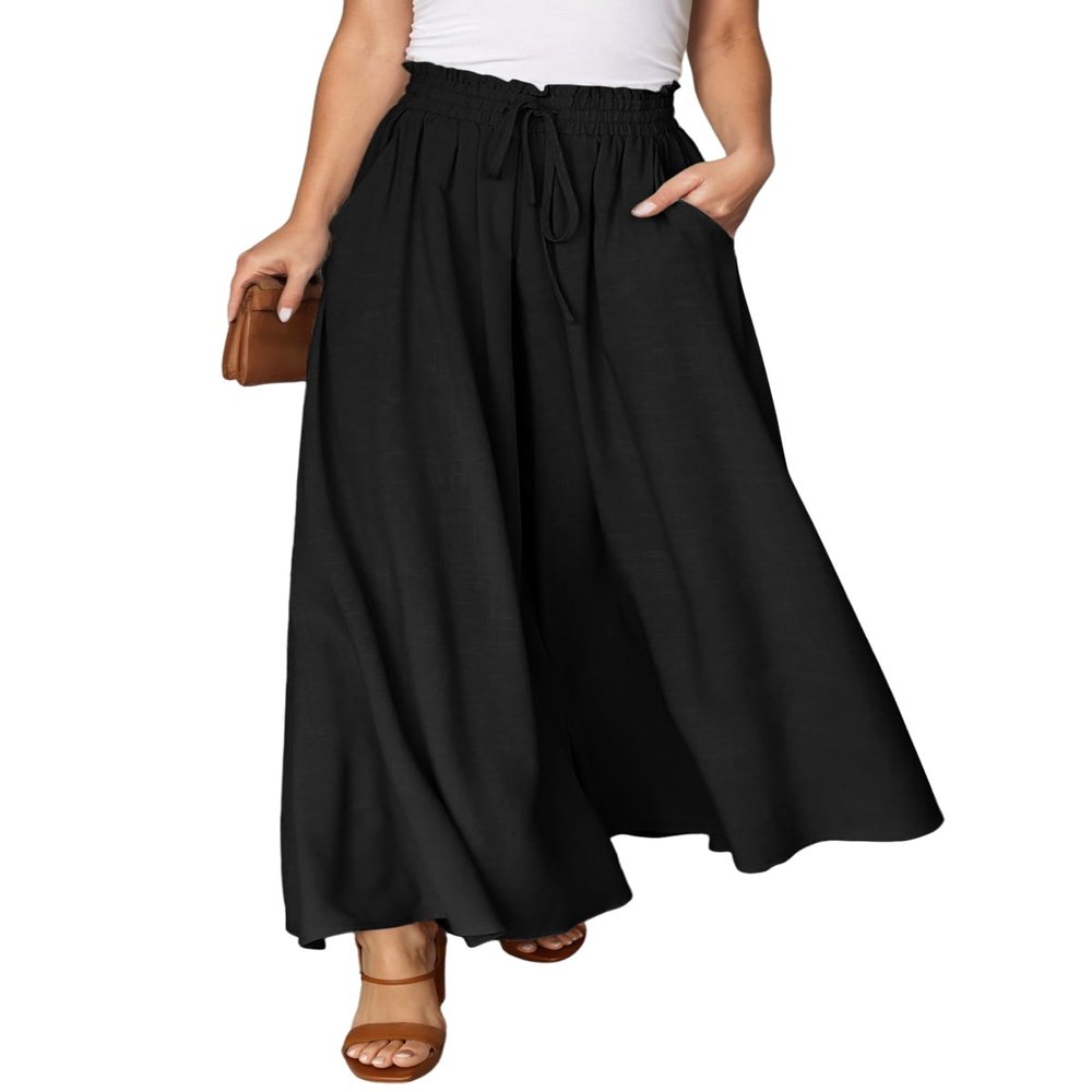 Dokotoo Womens Wide Leg Pants with Tie Drawstring Women Beach Fashion Clothing 2025 Spring Casual Loose High Waisted Palazzo Linen Pants for Women Soft Lounge Trousers with Pockets Black XL