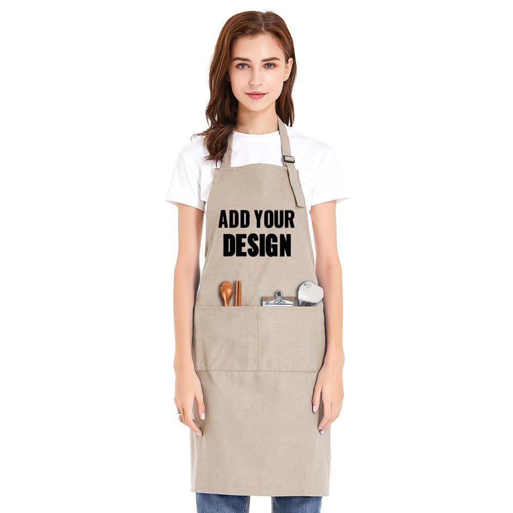 TopTie Custom Print Unisex Bib Apron, Cotton Canvas Adjustable Chef Cooking Apron with Pockets-Khaki-XL
