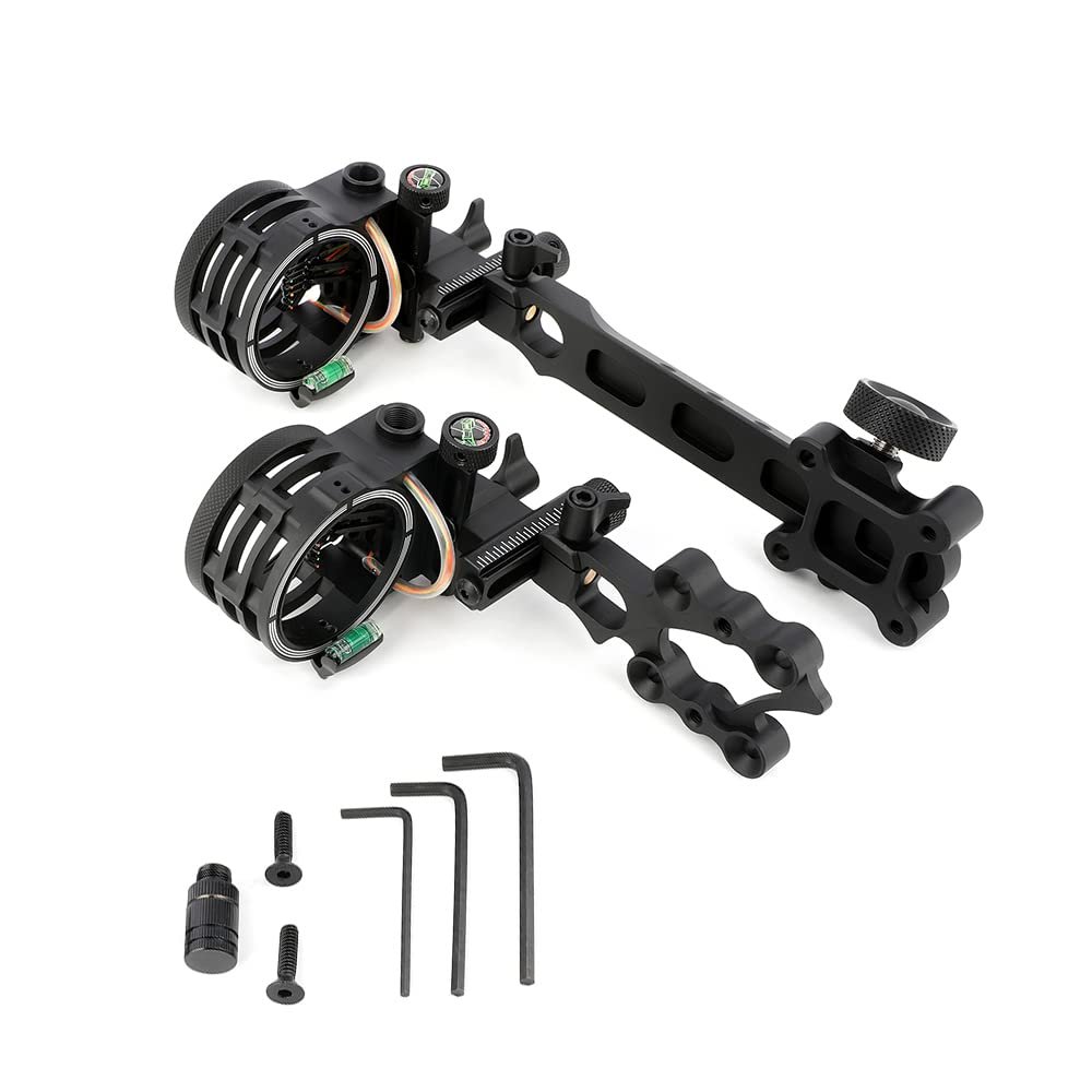 HNZMDY Archery 5 Pin Bow Sights Compound Bow Sight 0.019'' Optical Fiber CNC Aluminum Micro-Adjust Bow Sight with 4x/6x/8x Lens for Left-Handed and Right-Handed Universal (Long, Only Bow Sight)