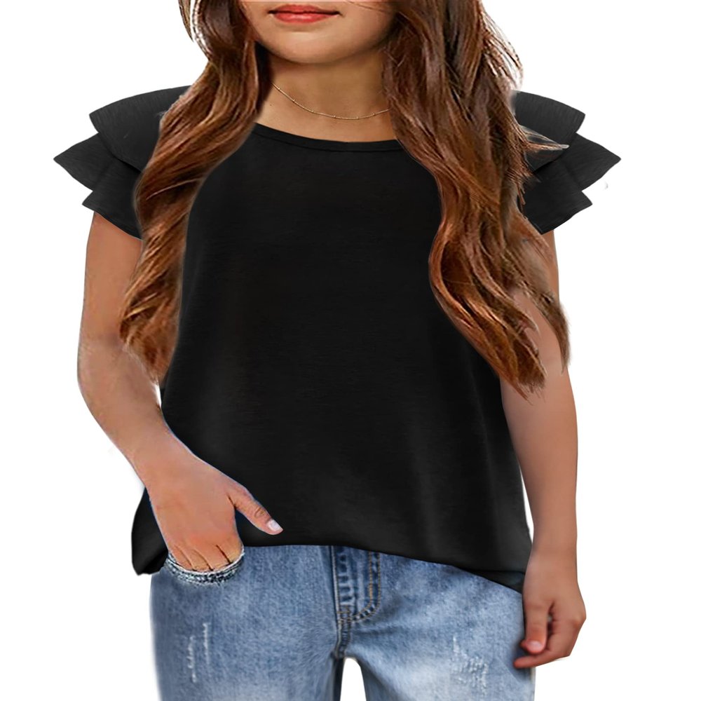 Arshiner Girl Casual T Shirts Ruffle Short Sleeve Summer Daily Wear Solid Black Tee Blouses for Toddler Girls Size 5-6 Years
