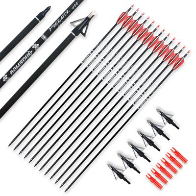 BOWSOUL 30inch Hunting Carbon Archery Arrows with 2.75 High Hardness Vanes Spine 400 for Compound Bow and Recurve Bow (Red White&Broadheads)