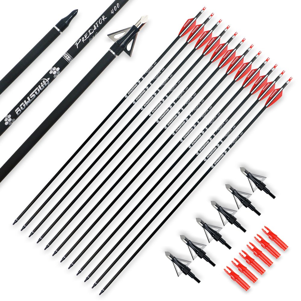 BOWSOUL 30inch Hunting Carbon Archery Arrows with 2.75 High Hardness Vanes Spine 400 for Compound Bow and Recurve Bow (Red White&Broadheads)