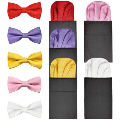 5 Pack Silk Men's Pre Folded Pocket Squares Set, Prefolded Handkerchief For Business Formal/Suit/Tuxedo PF-H-3 (Set of 5 - White, Red, Pink, Purple, Gold - Bow Tie and Handkerchief)