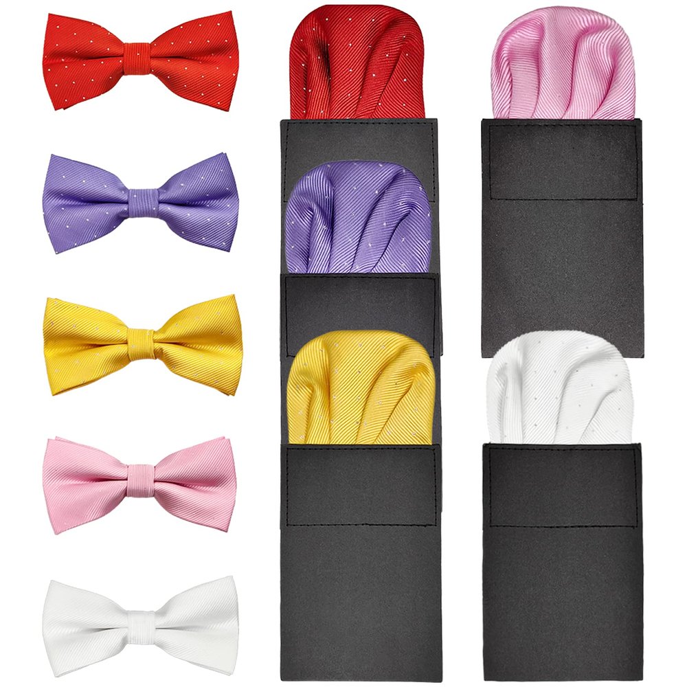 5 Pack Silk Men's Pre Folded Pocket Squares Set, Prefolded Handkerchief For Business Formal/Suit/Tuxedo PF-H-3 (Set of 5 - White, Red, Pink, Purple, Gold - Bow Tie and Handkerchief)