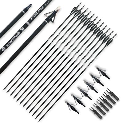 BOWSOUL 30inch Hunting Carbon Archery Arrows with 2.75 High Hardness Vanes Spine 400 for Compound Bow and Recurve Bow (Black White&Broadheads)