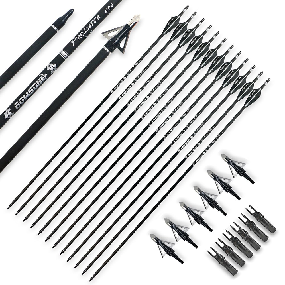 BOWSOUL 30inch Hunting Carbon Archery Arrows with 2.75 High Hardness Vanes Spine 400 for Compound Bow and Recurve Bow (Black White&Broadheads)
