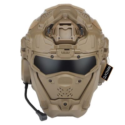 YBJMSFA Airsoft Helmet, All-in-One Design Built-in Detachable Tactical Headset Anti-Fog Fan Shade Sliding Goggles, Paintball CS Cosplay Helmet, TAN, 31,23,25cm