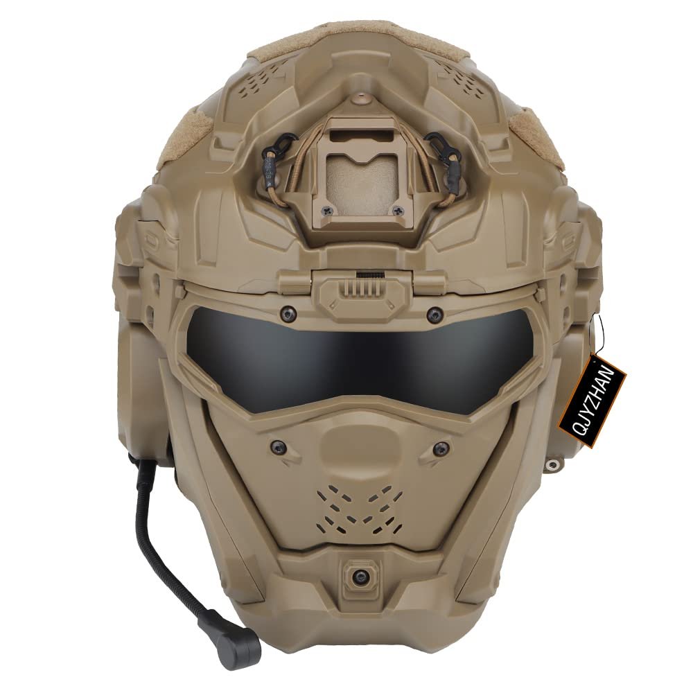 YBJMSFA Airsoft Helmet, All-in-One Design Built-in Detachable Tactical Headset Anti-Fog Fan Shade Sliding Goggles, Paintball CS Cosplay Helmet, TAN, 31,23,25cm