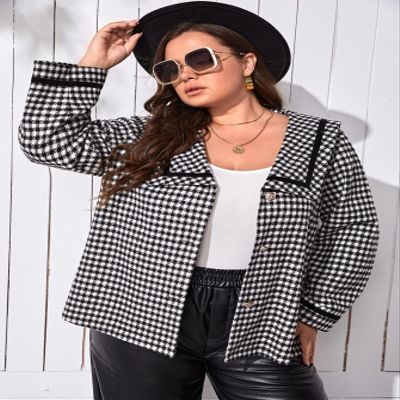 OVEXA Women's Large Size Fashion Casual Winte Plus Houndstooth Pattern Sailor Collar Tweed Overcoat Leisure Comfortable Fashion Special Novelty (Color : Black and White, Size : X-Large)