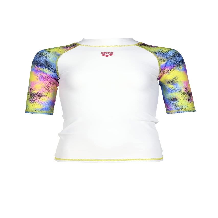 ARENA Girls Uv Protection Short Sleeve Allover Rash Guard Shirt, White-Multicolor, 24 US