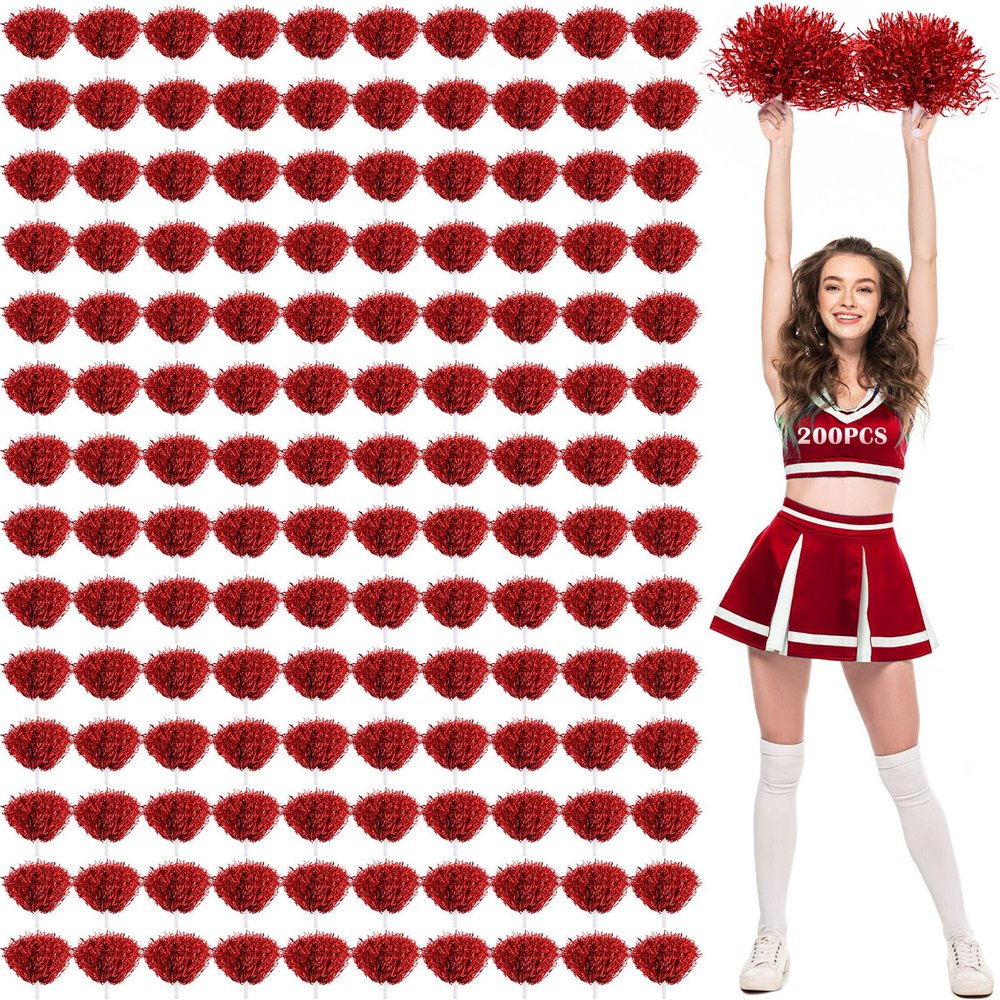 Jerify 120 Pcs Cheerleading Pom Poms Bulk Metallic Foil Cheerleader Pom Poms with Baton Handle Plastic Cheer Pompom Cheering Hand Flowers for Sports Squads Dance Party Basketball (Red)