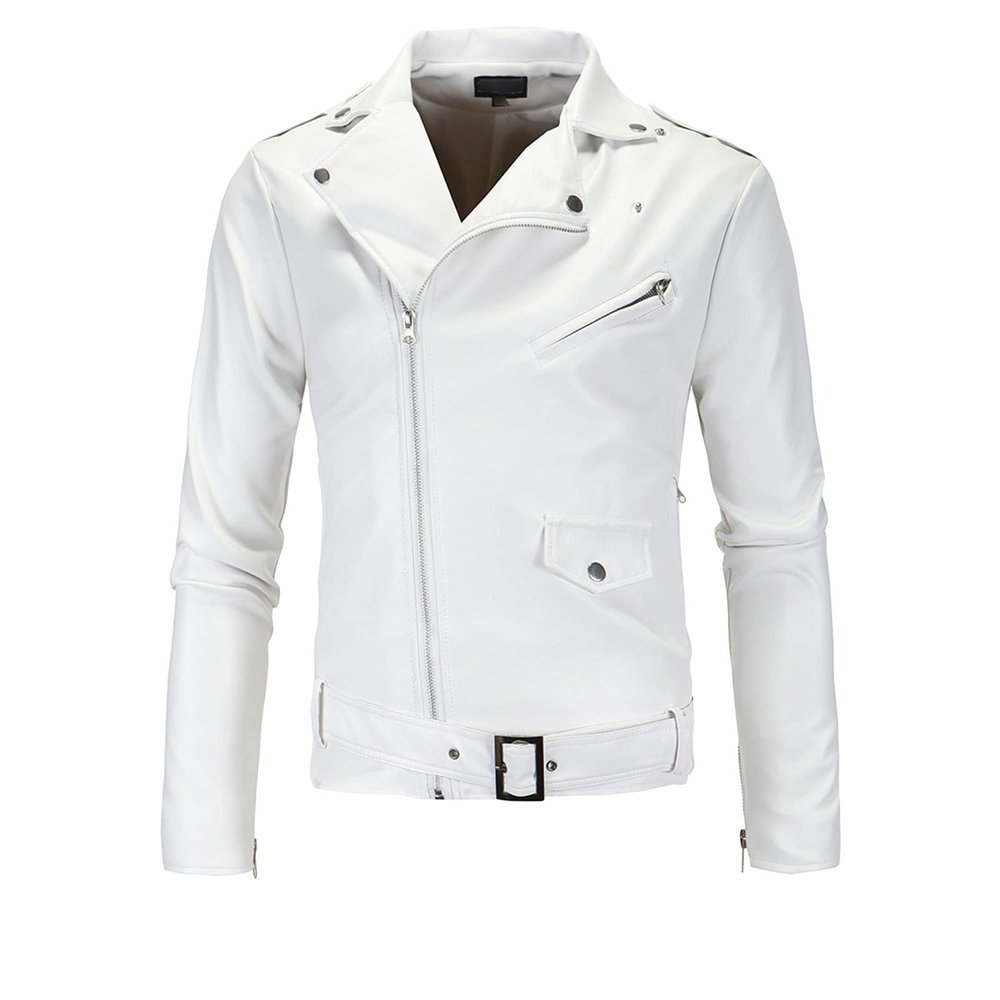 Maiyifu-GJ Men Faux Leather Motorcycle Jacket Retro Notched Lapel Pu Biker Coat Asymmetric Zipper Slim Outwear Overcoat (White,XX-Large)