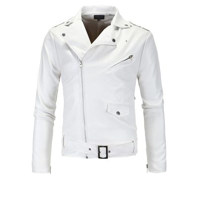 Maiyifu-GJ Men Faux Leather Motorcycle Jacket Retro Notched Lapel Pu Biker Coat Asymmetric Zipper Slim Outwear Overcoat (White,3X-Large)