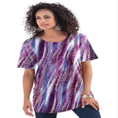 Roaman's Women's Plus Size Cotton Ultimate Crewneck Tee - S, Purple Textured Stripe