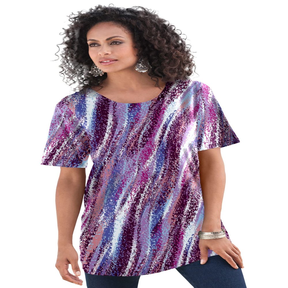 Roaman's Women's Plus Size Cotton Ultimate Crewneck Tee - S, Purple Textured Stripe