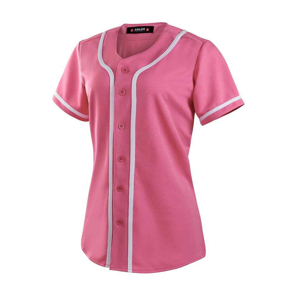 EALER BJW80 Womens Button Down Baseball Jersey, Blank Softball Team Uniform, Hip Hop Hipster Plain Tshirts Short Sleeve Active Tee Shirts Rose Red