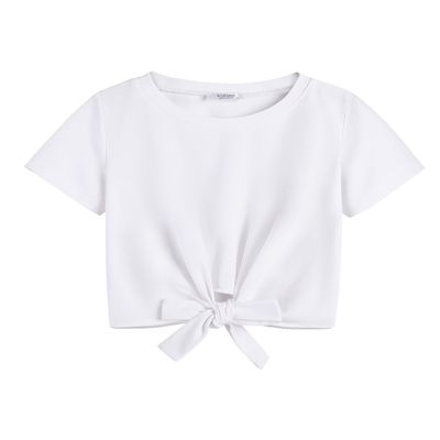 Arshiner Girls Summer Short Sleeve T Shirts Kid Girls Front Knot Shirts Solid White Tee Tops Size 5-6 Years
