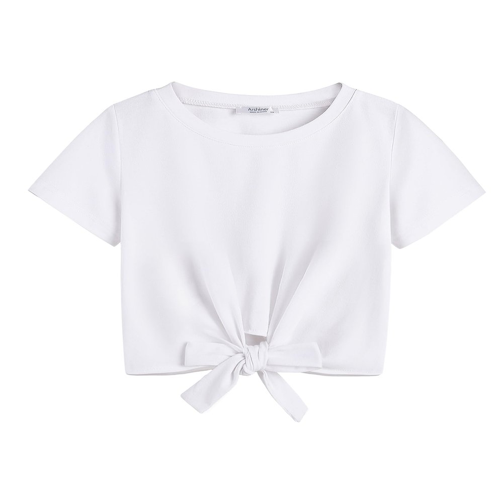 Arshiner Girls Summer Short Sleeve T Shirts Kid Girls Front Knot Shirts Solid White Tee Tops Size 5-6 Years