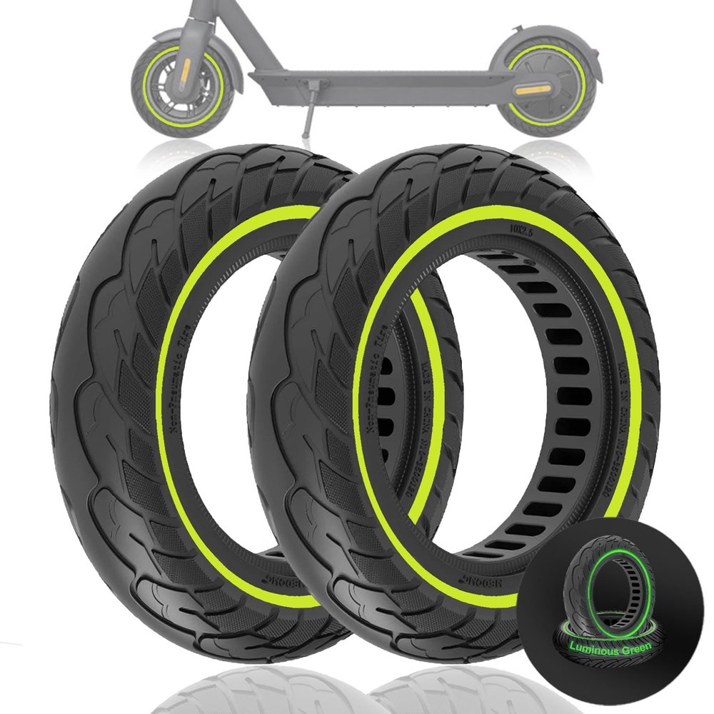 Felixstory 10 inch Solid Rubber Tire, 10X2.5 60/70-6.5 Tubeless Tyre for Ninebot Max G30 G30P G30LP Electric Scooter Front/Rear Tire, Puncture-Proof Wheel Replacement Luminous Green 2pcs