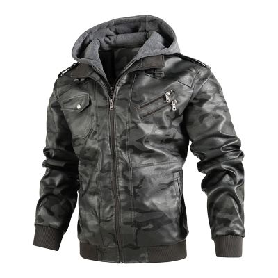 Maiyifu-GJ Camo Motorcycle Jacket for Men Faux Leather Windproof Moto Coat Vintage Bomber Hoodie with Removable Hood (Grey,Large)