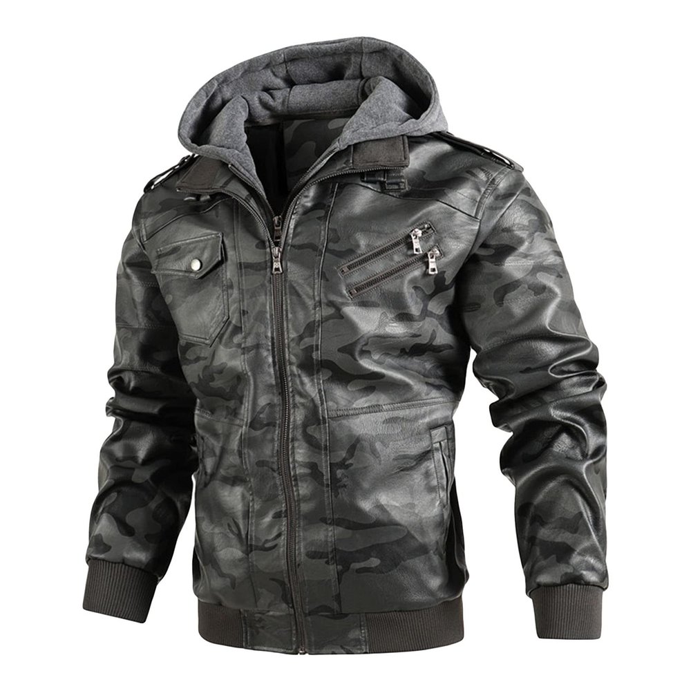 Maiyifu-GJ Camo Motorcycle Jacket for Men Faux Leather Windproof Moto Coat Vintage Bomber Hoodie with Removable Hood (Grey,Large)